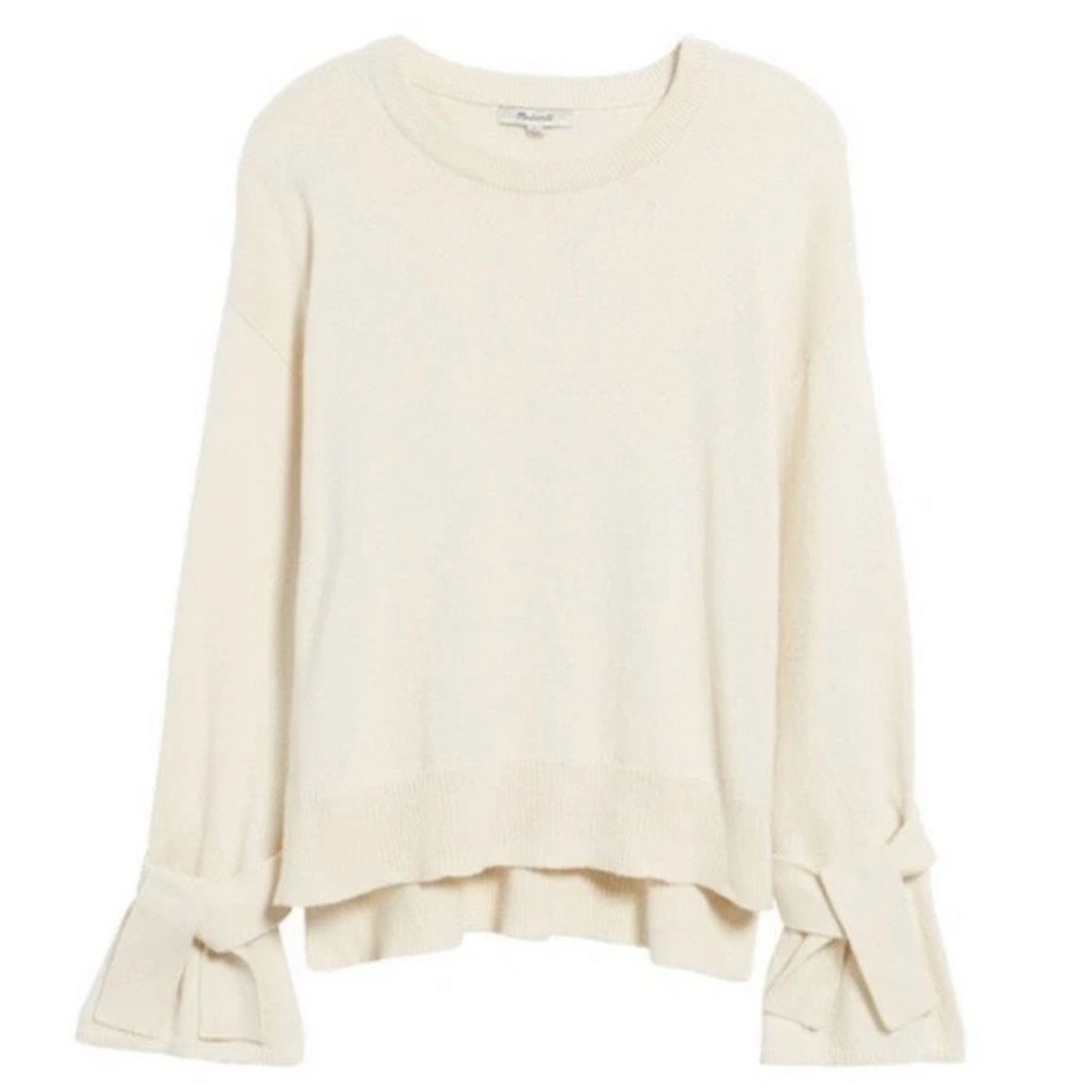 Madewell Womens XS Cream Knit Tie Cuff Sweater Oversized Preppy Boho Bell Sleeve